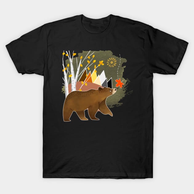 Fall Autumn Season Cute Bear In Mountains Birch Trees Fall Leaves Outdoor Nature Scene T-Shirt by egcreations